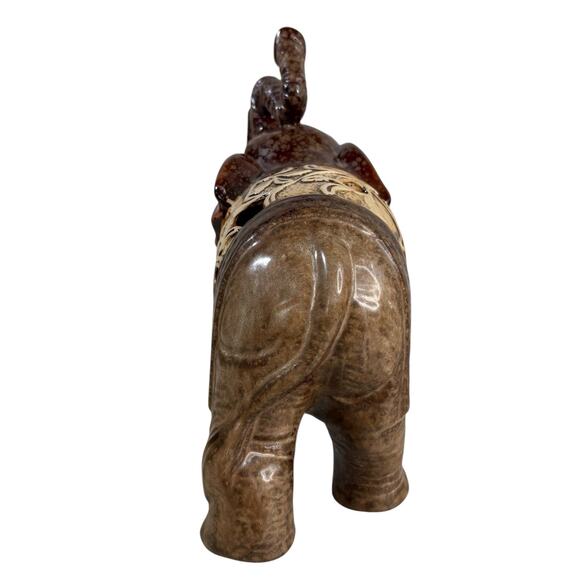 Vintage Ceramic Elephant Figurine Brown Red Glazed Filigree Cutout 7” Trunk Up - Picture 4 of 12